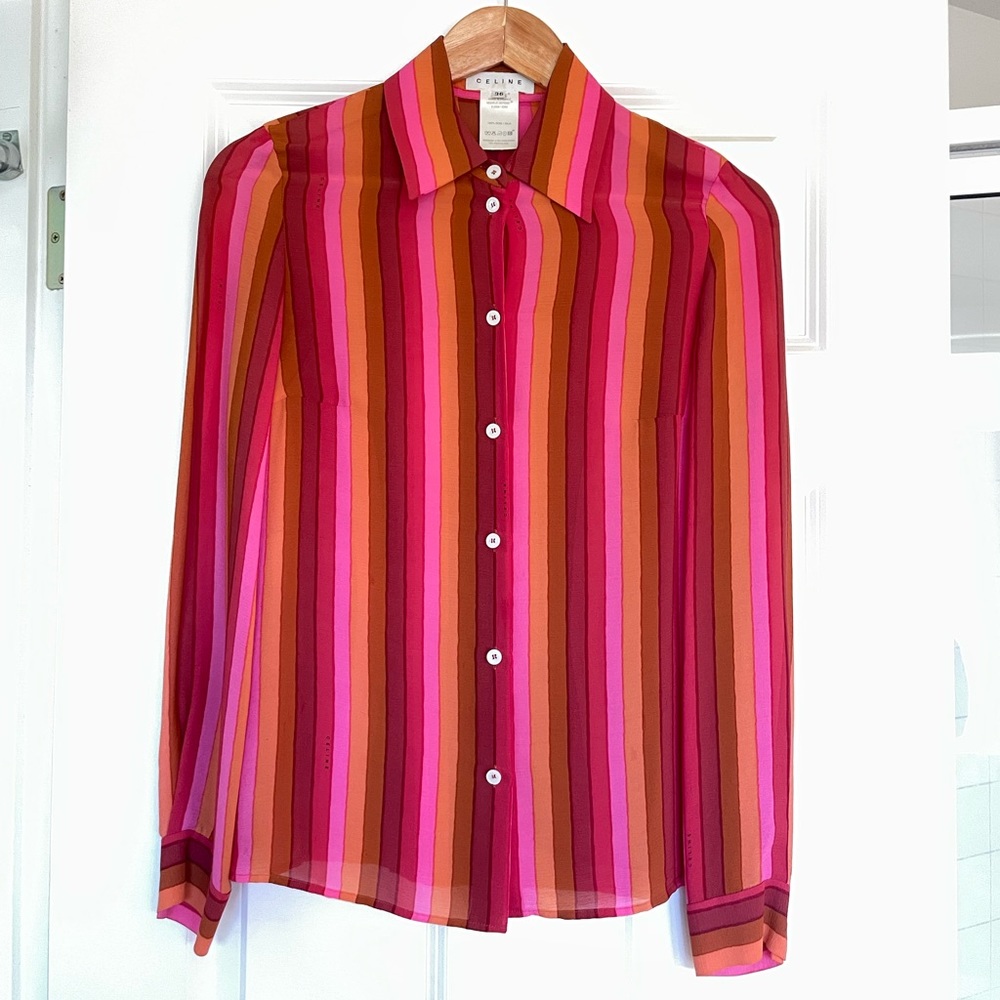 Celine Silk Long-Sleeve Button-Up Top